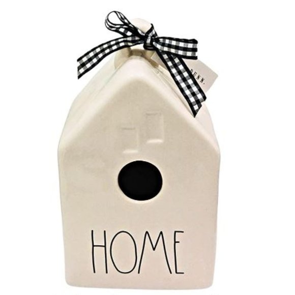 NIB Rae Dunn Home House Shaped Birdhouse White/Cream with Checkered Bow - Picture 1 of 3